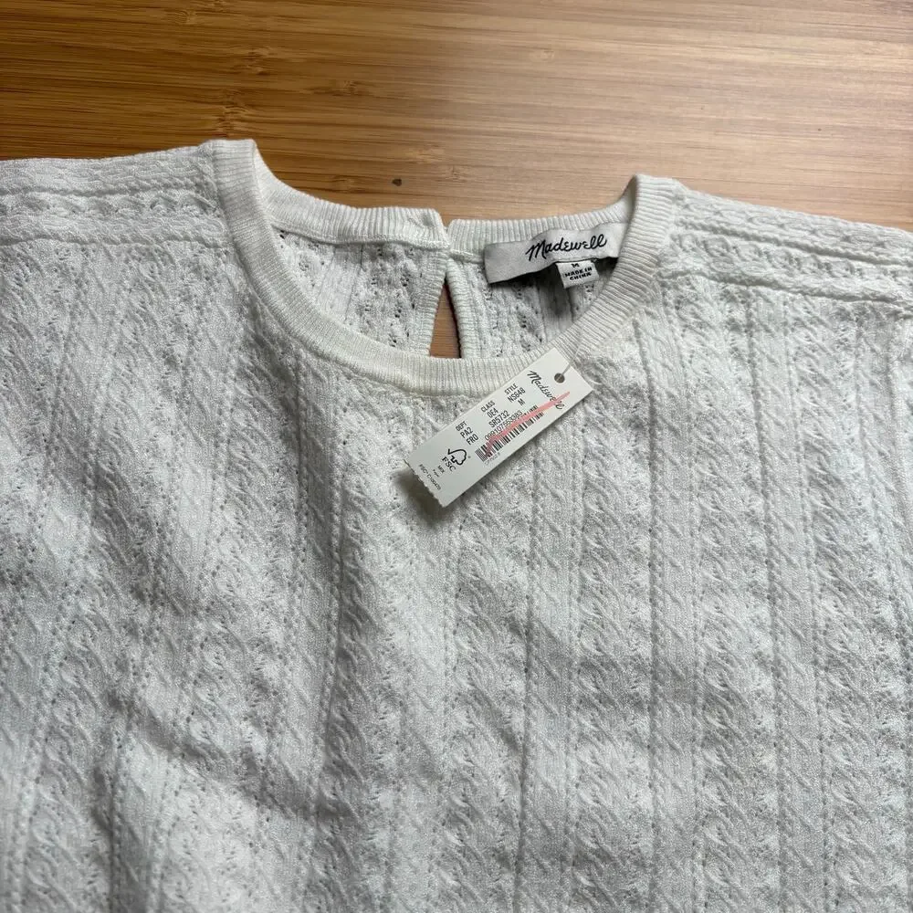 Madewell Medium White Signature Open Knit Sweater Tee Puff Sleeve Keyhole